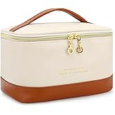 JINSI Small Makeup Bag Travel Cosmetic Bag Toiletry Zipper Pouch Make Up Organizer Bag with Handle Purse for Women Soft PU Leather Skincare Case (L01-Beige)