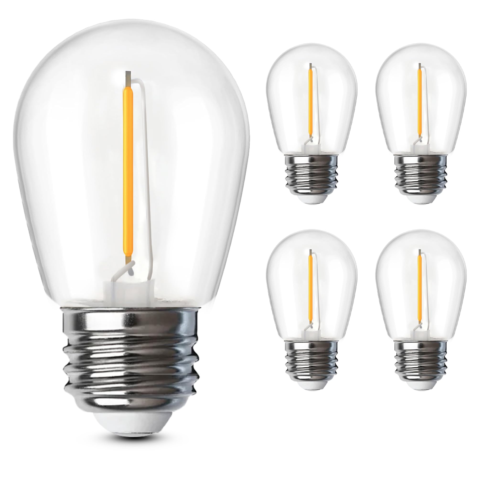Photo 1 of Feit Electric S14 LED Filament Light Bulbs, High Output, 2200K Warm White, 70 Lumens, String Light Replacement Bulbs, 15,000-Hour Lifespan, Clear Durable Housing, S14/822/FILED/4, 4 Pack