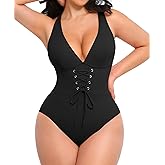 SHAPELLX Women One Piece Swimsuits Tummy Control Bathing Suits Push Up Slimming Swimwear with Built-in Bra V Neck