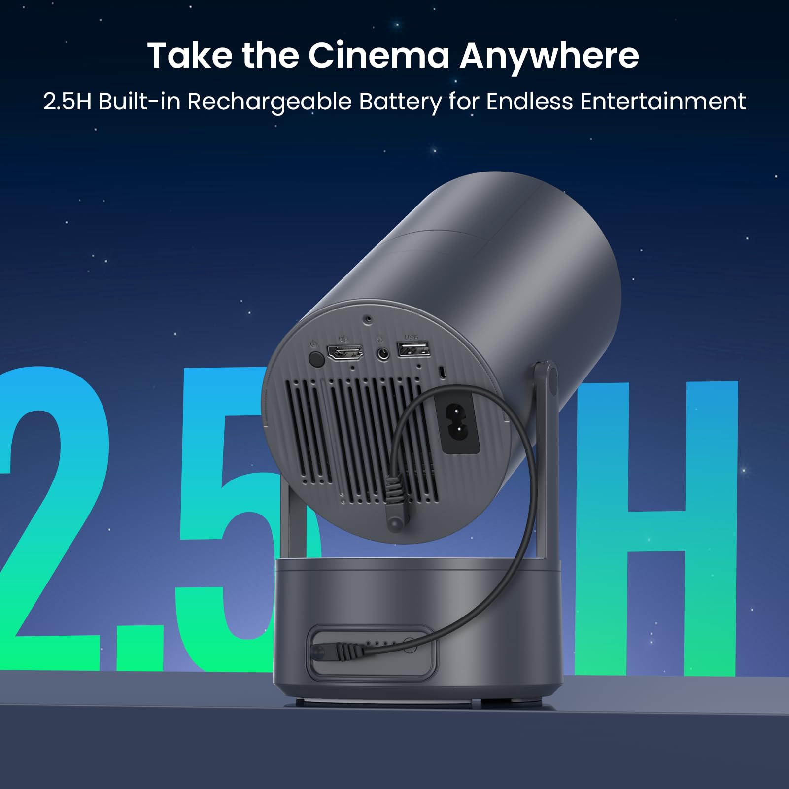 Projector with WiFi and Bluetooth, Mini Portable Projector with Built-in Rechargeable Battery for Outdoor, 1080P Supported, Electric Focus & Auto Keystone, Home Theater with 210° Mount