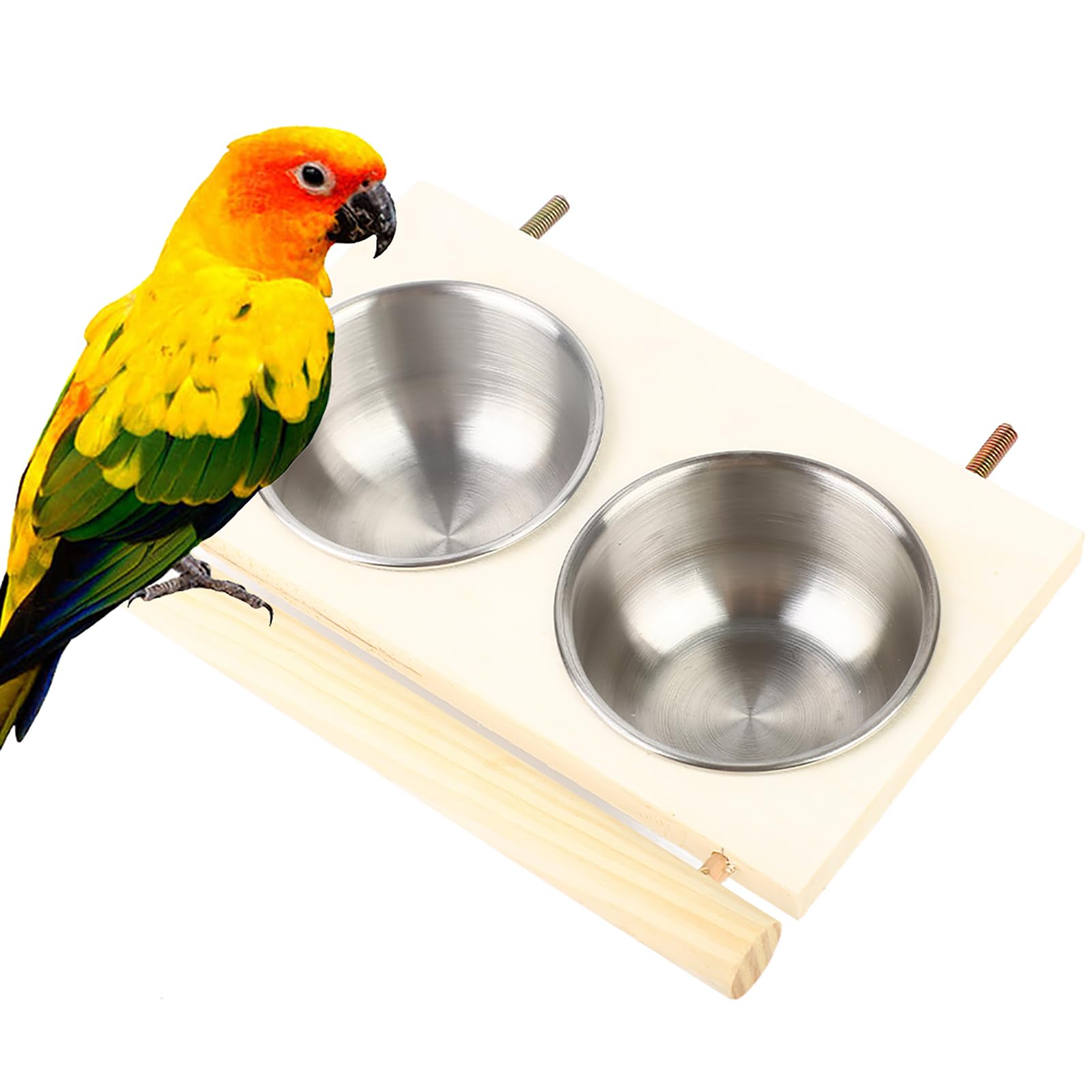 Birdcage Bird Feeder Stainless Steel Parrot Feeding Bowl Bird Coop Cups Birds Food Dish Bird Cage Feeder with Stand for Bird Drinking And Eating(double bowl)