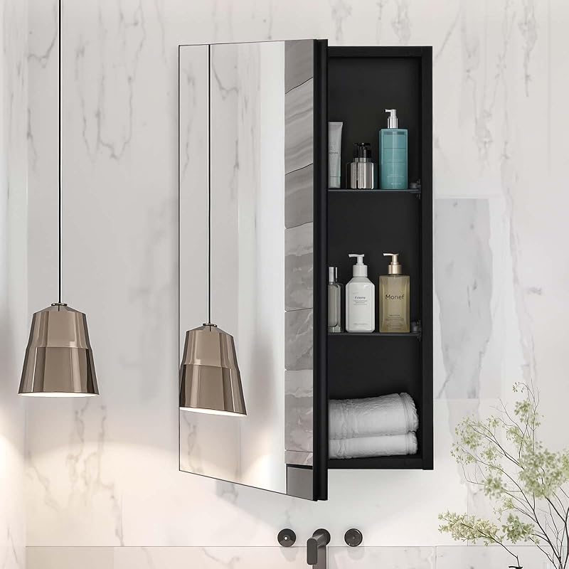 Armoire de Toilette Miroir, 355 x 610 mm, Meuble de Salle de Bain, avec Miroir, Cadre en Aluminium et étagères réglables à 2 Couches, Installation encastrée et Murale