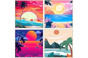 Fuinkqe 4 Pack Paint by Numbers for Adults and Kids Beginner, Landscape-Beach DIY Acrylic Painting Paint by Numbers Kits on Canvas for Kids Ages 4-8-12 Perfect for Gift Home Wall Decor(8x8in)