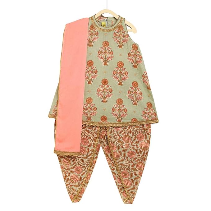 Tiber Taber By Hopscotch Baby Girls Cotton Floral Print Half Sleeve Kurta And Dhoti Set in Green Color