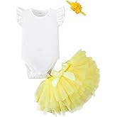 LYSMuch Baby Girls Outfit Set Tutu Skirt with Diaper Cover Ruffle Sleeve Bodysuit Flower Headband (Yellow,12-18 Months)