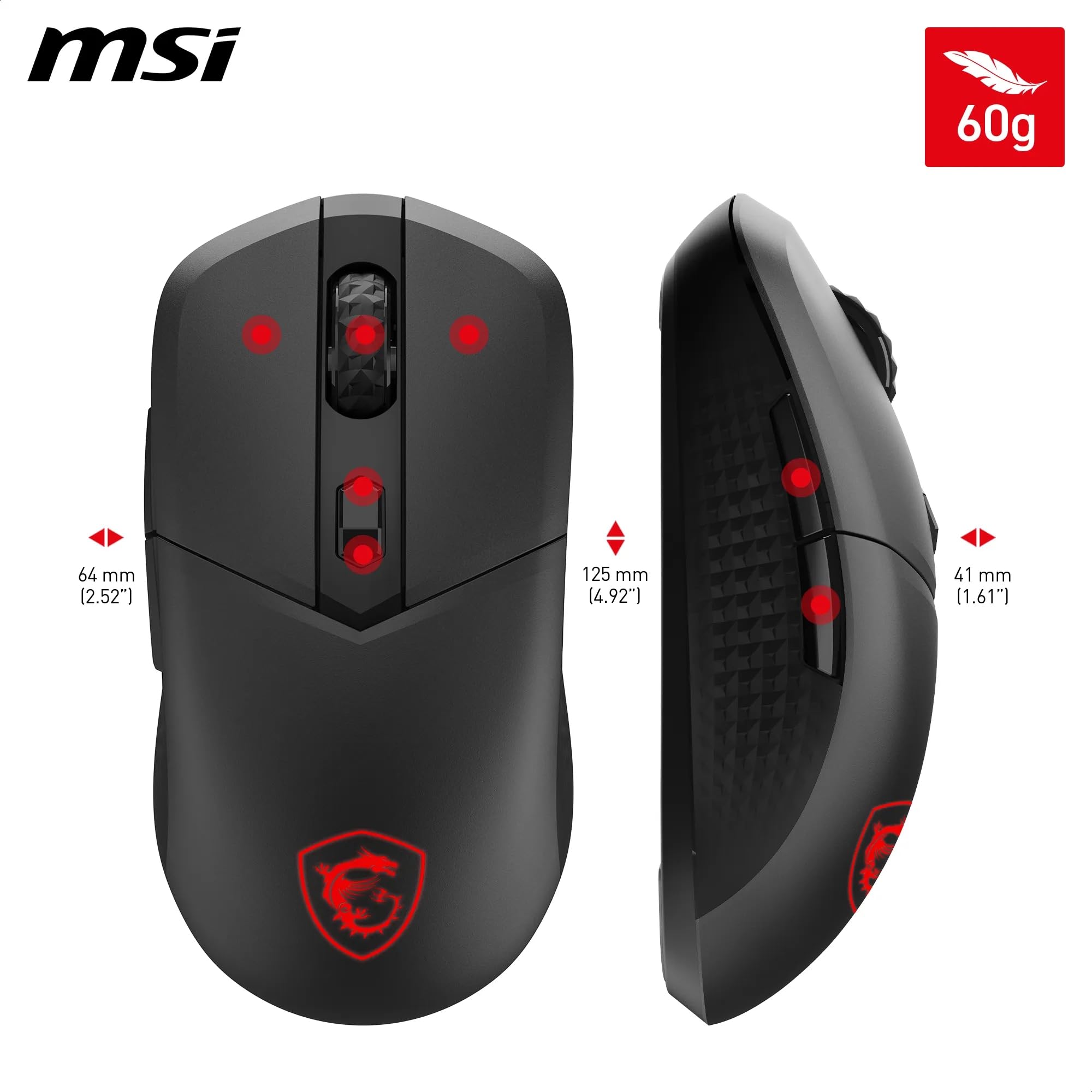MSI Versa 300 Wireless Gaming-Maus – 8000 DPI optischer Sensor, 1000 Hz Polling-Rate, symmetrisch, 30M+ Klicks, 6 Tasten, 50-Stunden-Batterie, 1 ms Latenz, 60 g – Kabelgebunden/kabellos 7