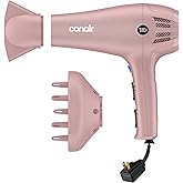 Conair Hair Dryer with Diffuser &amp; Concentrator, 1875W, Matte Light Pink | Blow dryer with ionic tourmaline technology, 3 heat settings, and 2 speed options to efficiently style all hair types
