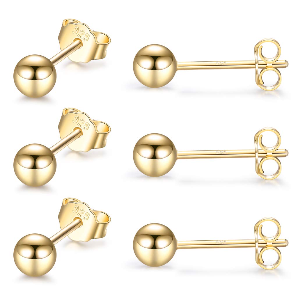 CERSLIMO Silver Stud Earrings for Women Men Girls, 3 Pairs Sterling Silver Tiny Ball Stud Earrings Small Dot Studs Dainty Cartilage Tragus Sleeper Earrings Set (4mm, Gold)