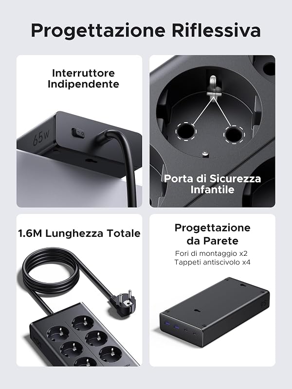 10 IN 1 Ciabatta Multipresa Elettrica  PD 65W USB C 6 Prese AC 3680W — foto 5 di 8
