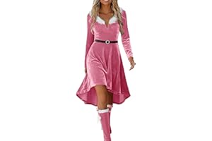 Xiaojmake Women's Fur Christmas Dress Cute Mrs Santa Claus Costumes Long Sleeve Swing Party Dresses Cocktail Party Xmas Dress