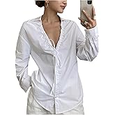 WDIRARA Women's Drawstring Front Collared V Neck Blouse Button Down Shirt Long Sleeve Dressy Tops