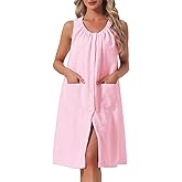 cheibear Womens Shower Towel Wrap Dress Snaps Wearable Straps Bathrobe Spa Cover Up Terry Bath Robe with Pockets S-XXL