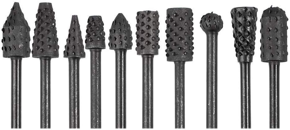 Eyech 10pc 1/8''(3mm) Shank Carbon Steel Rotary Burr Rasp Set Wood Carving File Rasp Drill Bits Fit Dremel Rotary Tools for DIY Woodworking Wood Carving Polishing Grinding Engraving