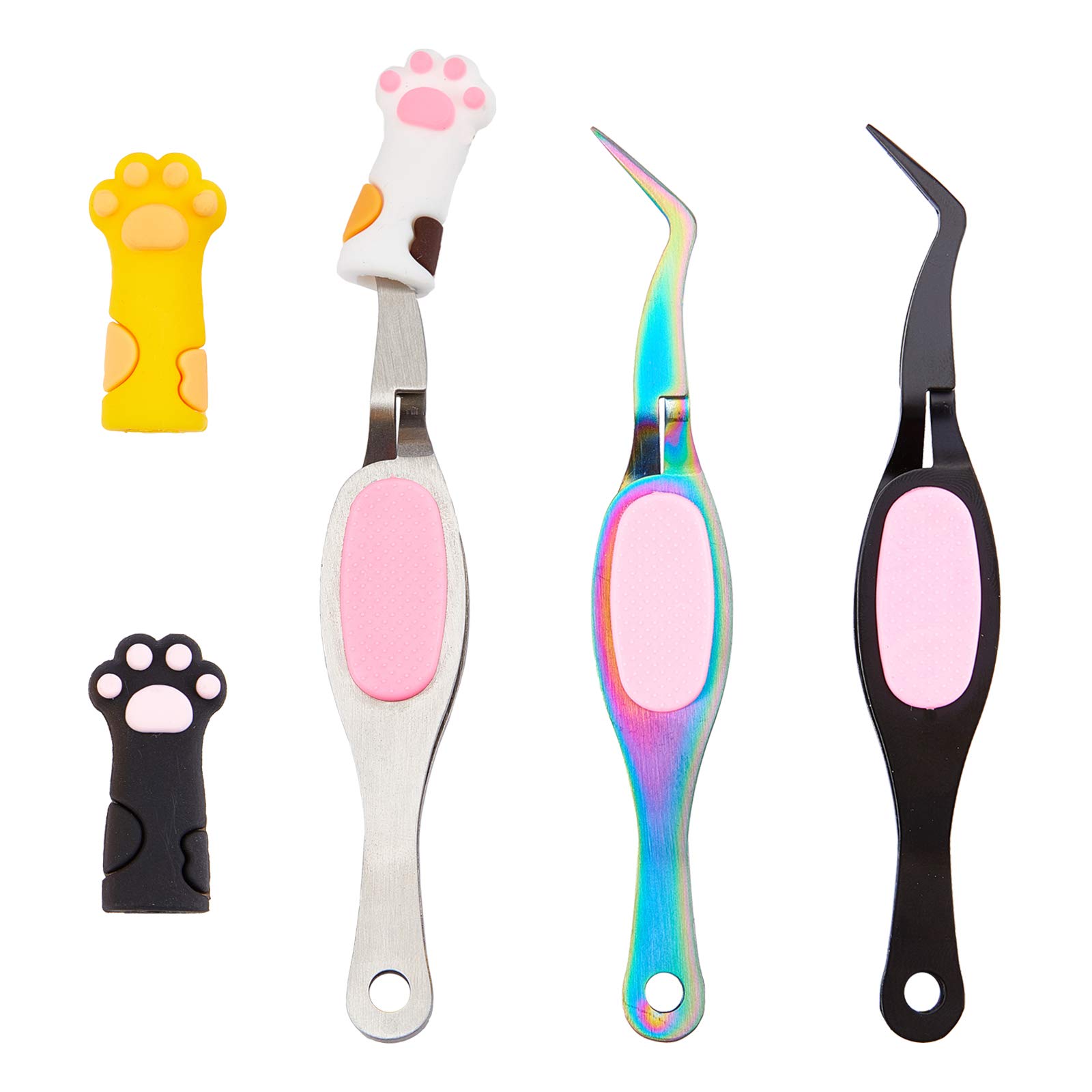 NICENEEDED 6Pcs Craft Tweezers Set, 3Pcs Cross Locking Tweezers and 3Pcs Cute Cat Paw Nail Nipper Tweezers Cuticle Scissors Protective Sleeve for Nail Manicure Accessories