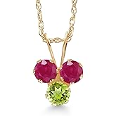 Gem Stone King 14K Yellow Gold Red Ruby and Green Peridot 3-Stone Pendant Necklace For Women (0.43 Cttw, Gemstone July Birthstone, Round 3MM, 18 Inch Chain)