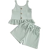 allshope Toddler Baby Girl Summer Outfits Solid Color Waffle Sleeveless Ruffle Tank Tops Shorts Set Cute Infant Clothes