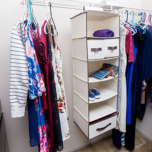 Lovotex 6-Shelf Hanging Closet Organizer With 3 Large And 2 Small Drawers – Practical Wardrobe Shelving With Durable High Capacity Design – Collapsible Storage For Clothes, Underwear, Sock And Towels