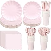 Newtay Light Pink Scalloped Paper Plates Shell Edge Disposable Tableware Cocktail Napkins Cups Plastic Spoons Forks Knives for Wedding Baby Shower Picnic Birthday Party Supply for 50 Guests