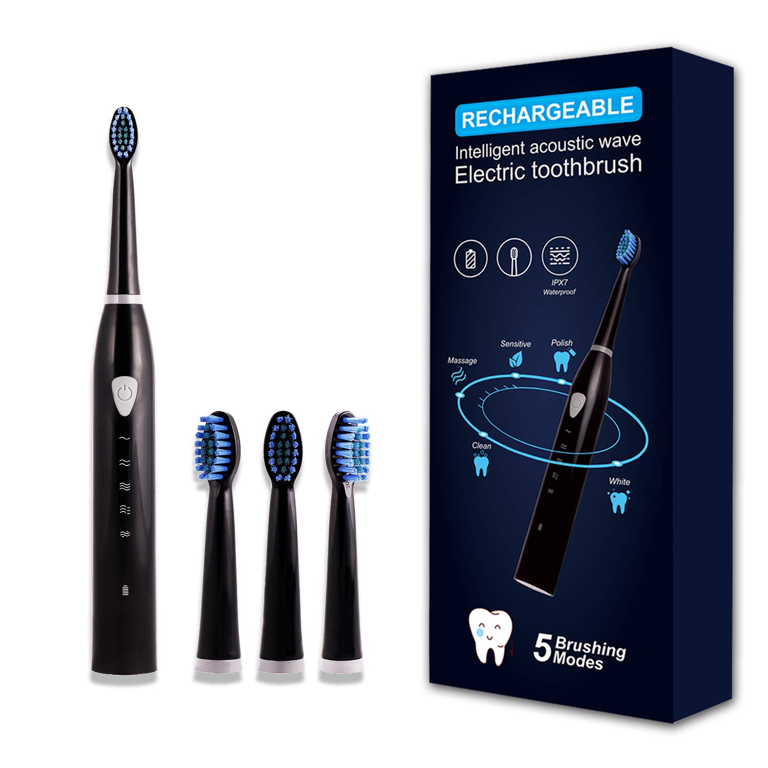 Rechargeable Electric Sonic Toothbrush for Adults, 5 Modes, 2 Minutes Timer and 4 Brush Heads (Black)