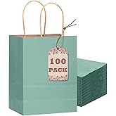 qiqee 100PCS Gift Bag with Handles Bulk Kraft Light Blue Paper Bags Multiple Uses (8.3"x3"x6"inch Small Size)