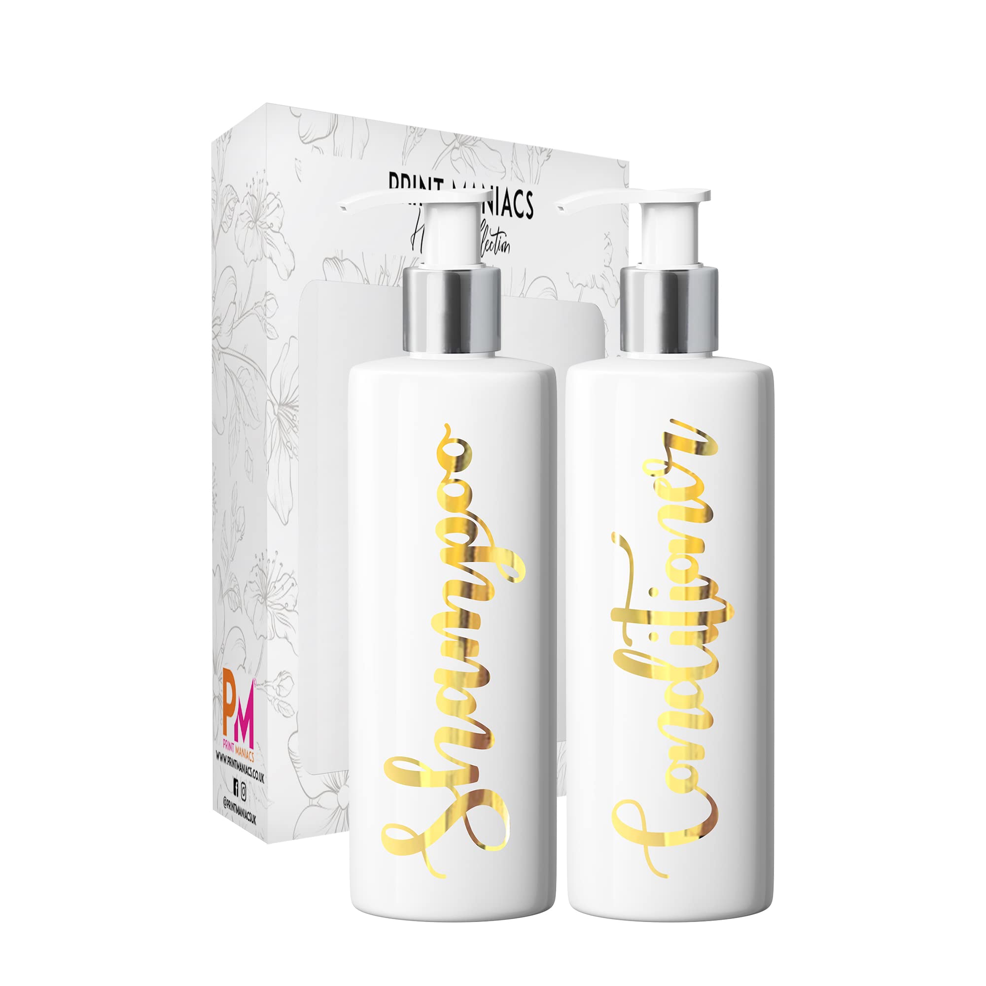 Print Maniacs 2 Set Mrs Hinch Inspired White Personalised Dispenser Pump Bottles Shampoo Conditioner (Gold)