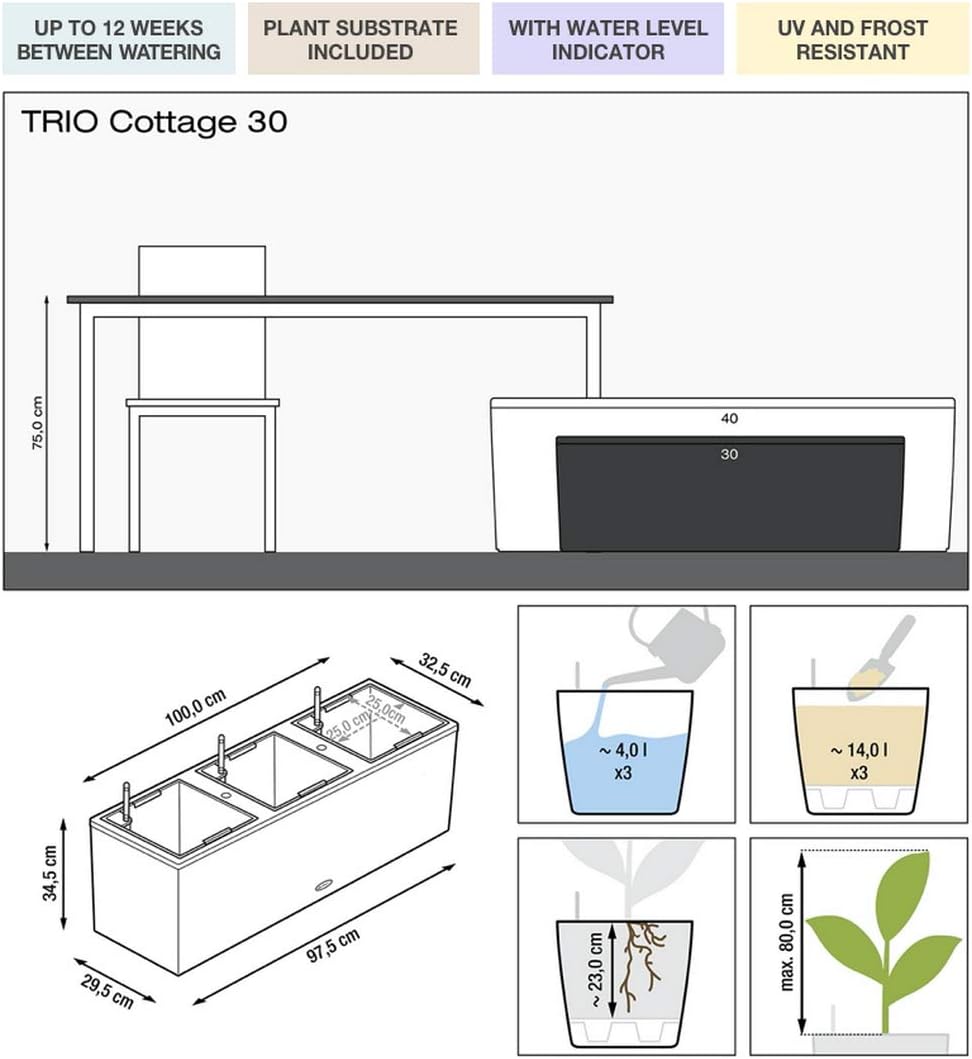 Lechuza TRIO Cottage 30 Self Watering Planter Large Rattan Look Plastic Indoor and Outdoor Plant Pot with Drainage Hole H34 L100 W32 cm Granite - Image 3