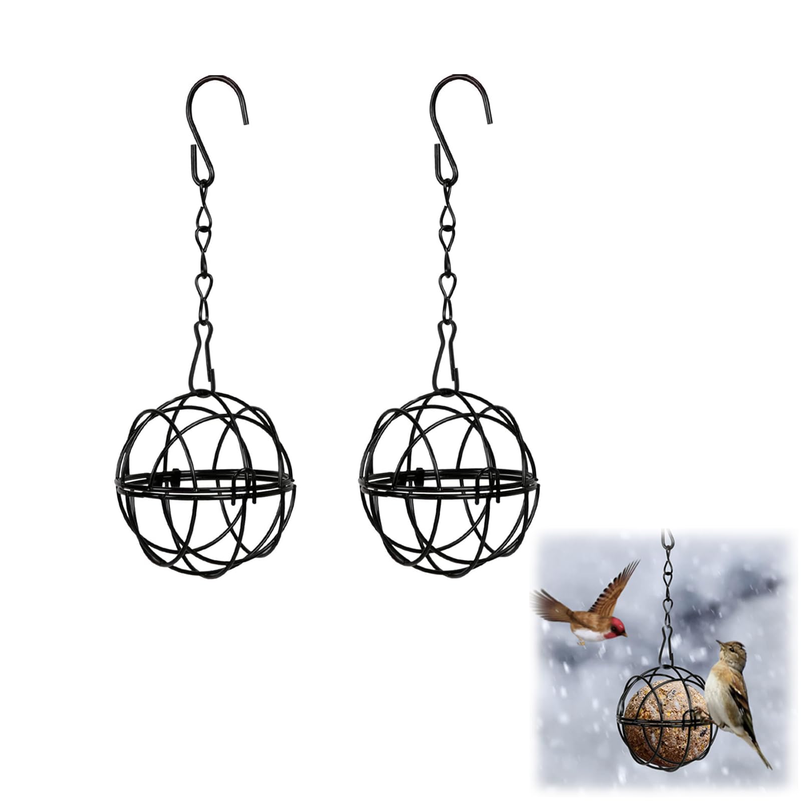 Fat Ball Bird Feeder, Fat Ball Feeder Hanging, Fat Ball Holder 2 PCS Metal Fat Ball Bird Holder with 2 S-Shaped Hooks, Suitable for Outdoor Garden Wildlife Small Birds Sparrows Robins (Black 7cm)