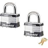 Master Lock Padlock - 2" W Body x 1" L Shackle, Two (2) Keyed Alike Locks w/4 Keys, 5 NKA-2 w/Bump Stop Technology