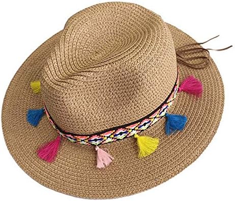 SYBKNSTW Summer Hats for Women Straw Wide Brim Color Tassel Chain Men Panama Beach Bucket Sun Hat Khaki