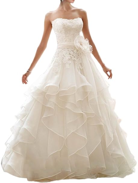 Milano Bride Prinzess Bandeau Spitze Organza Hochzeitskleider Brautkleider Brautmode Mehrlagig Blumen Lang Rueschen