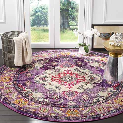 Safavieh Monaco Collection MNC243P Vintage Bohemian Violet and Fuchsia Distressed Round Area Rug (6'7" in Diameter)