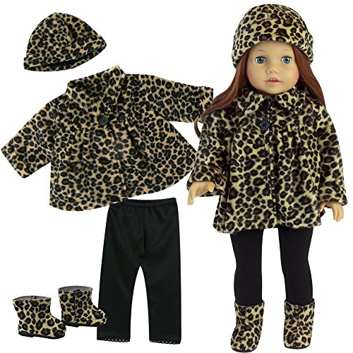 18 Inch Doll Clothes Outfit, 4 Pc. Animal Print Outfit of Leggings, Doll Jacket, Hat & Doll Boots Fits 18 Inch American Girl Dolls, Complete Set of Leggings, Doll Coat, Doll Hat & Matching Boots