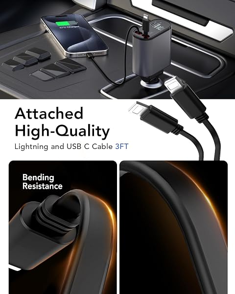 RETRACTABLE CAR CHARGER, 4 IN 1 FAST CAR PHONE CHARGER 66W, 2 RETRACTABLE CABLES AND USB CHARGING, FATHERS DAY FOR GIFTS DAD COMPATIBLE WITH IPHONE 14/13/12/11,USB PORT FOR GALAXY S25/S24/S23,PIXEL