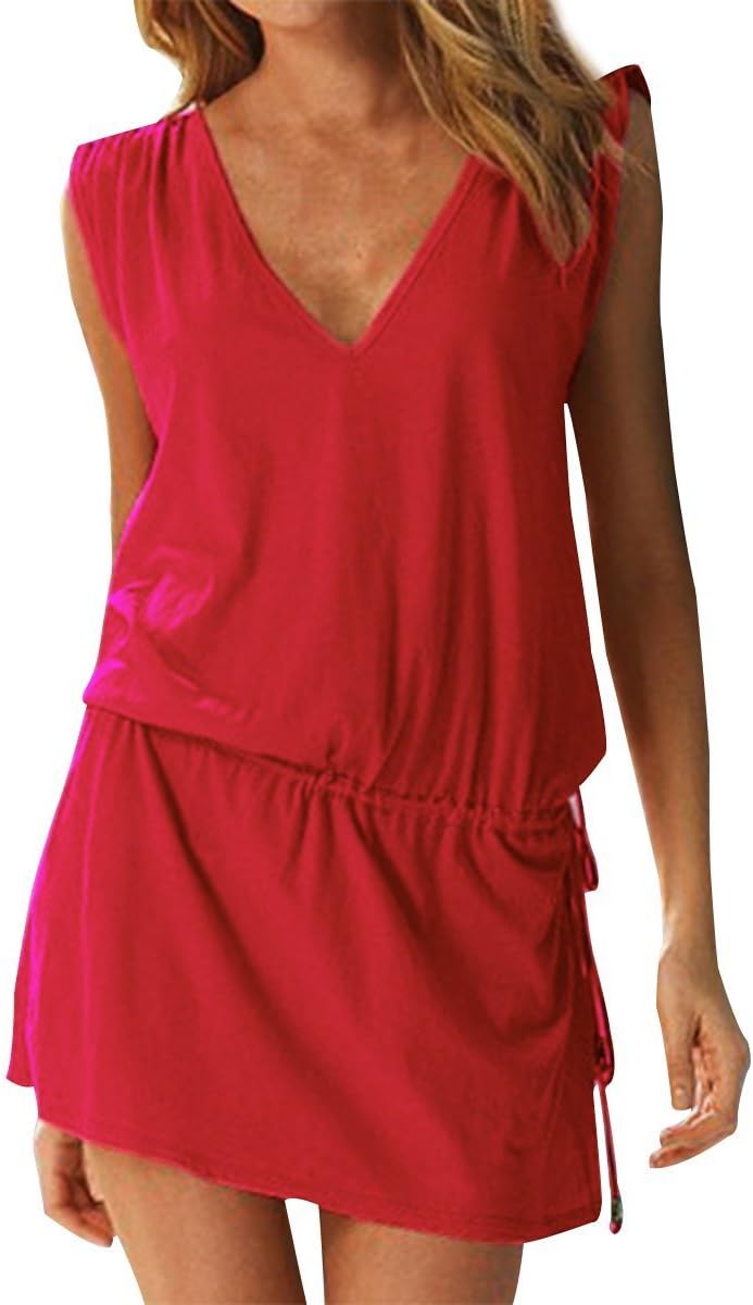 Summer Womens Casual Sleeveless Beach Dress Ladies Sexy V Neck Halter Backless Mini Kimono Dresses Beach Bikini Cover Up Caftan Tunic Top Drawstring Sundress for Party Cocktail Holiday Going Out Wear