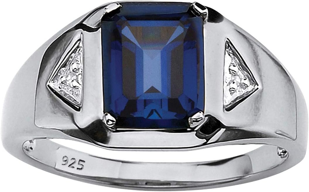 Seta Jewelry Men's Platinum Over Sterling Silver Emerald Cut Created Blue Sapphire and Diamond Accent Ring