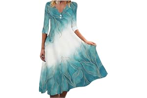 DOPOCQ Baggy 3/4 Sleeves Fitness Dress for Women Holiday Classic V-Neck Dress Ruched Print Thin Soft A Line Dress