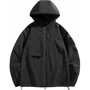 HYYGOCCTV Men's Oversized Multi Pocket Hooded Windbreaker Loose Fit Waterproof Tactical Rain Coat Lightweight Outerwear