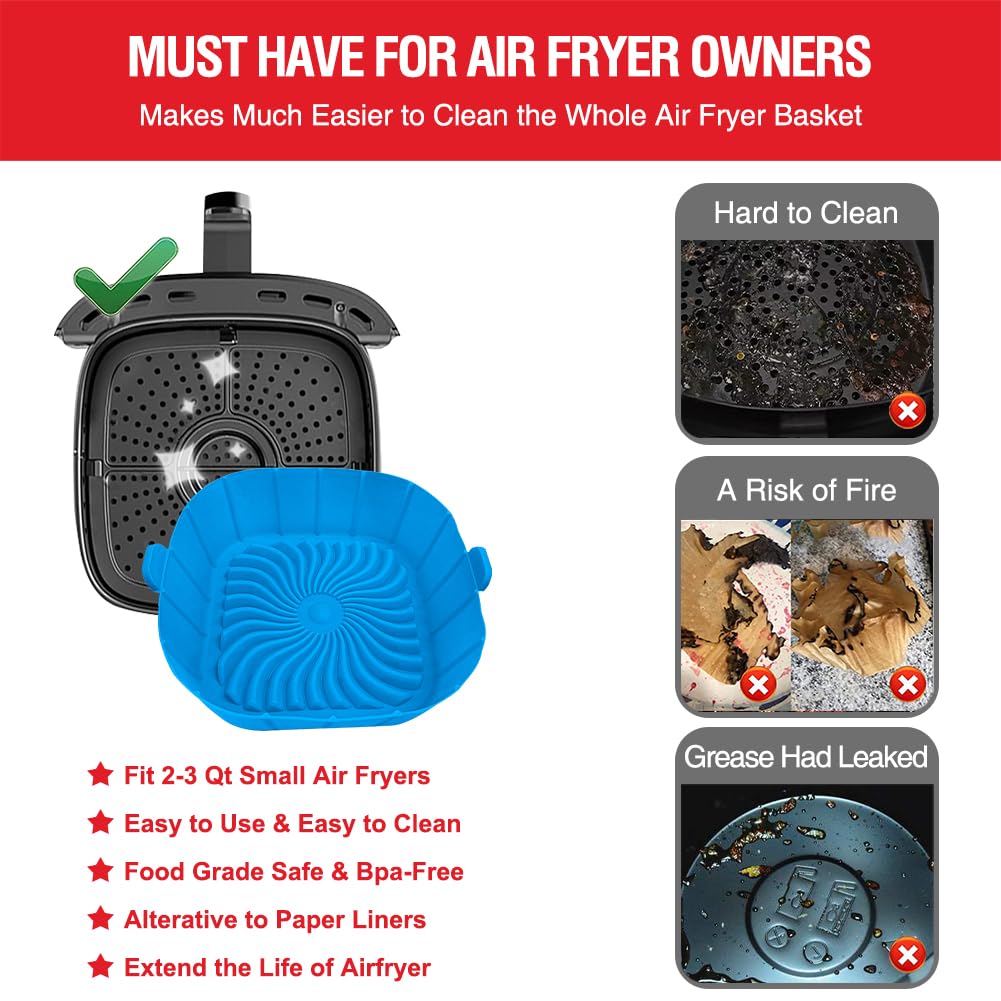 Air Fryer Silicone Liners for 2 to 3 QT Small Air Fryers, Non-Stick Reusable Silicone Pot Basket Bowl Liner Baking Tray Air Fryer Accessories, 2 Pack Square Airfryer Liner Insert