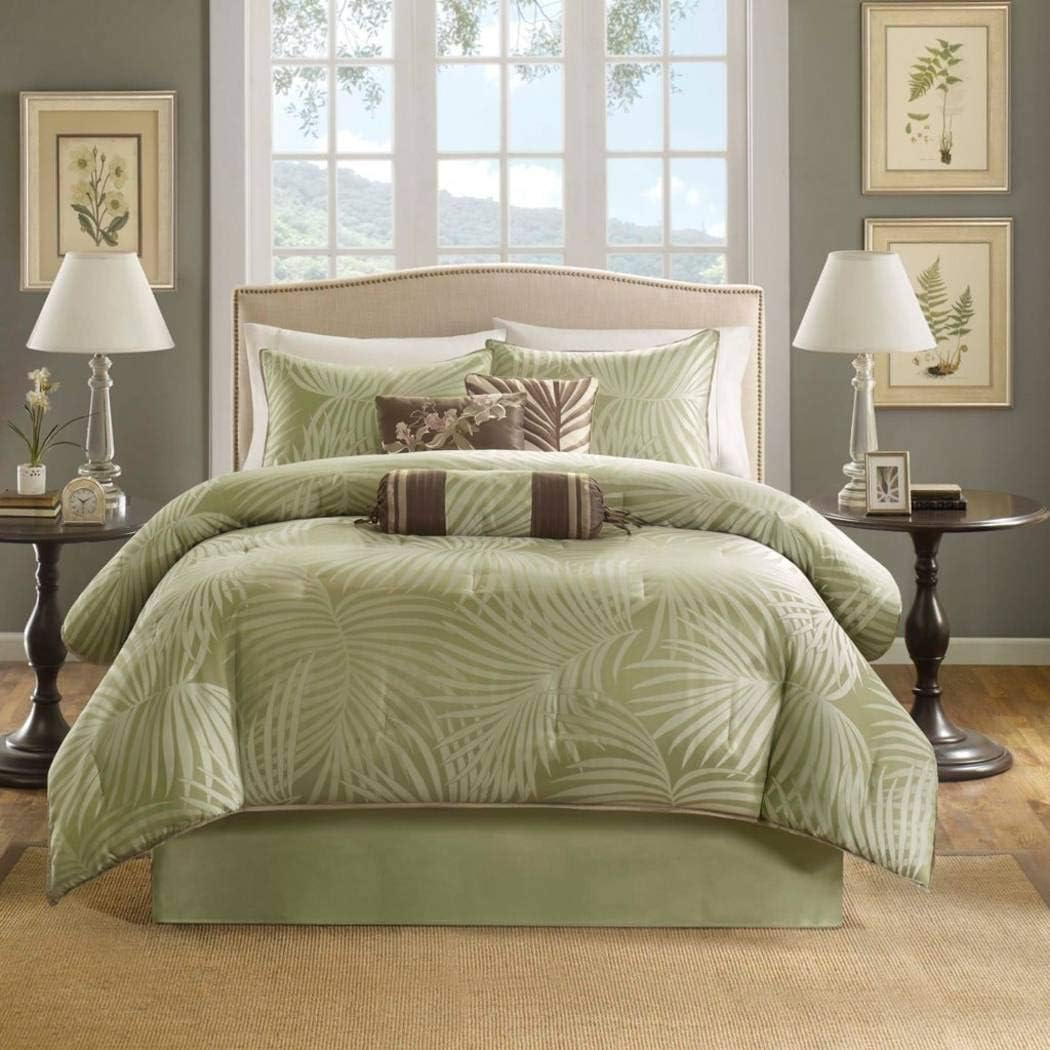 Tropical Palm Leaves Beach House Nautical California Cal King Comforter, Shams, Toss Pillows & Bed Skirt (7 Piece Bed in A Bag)