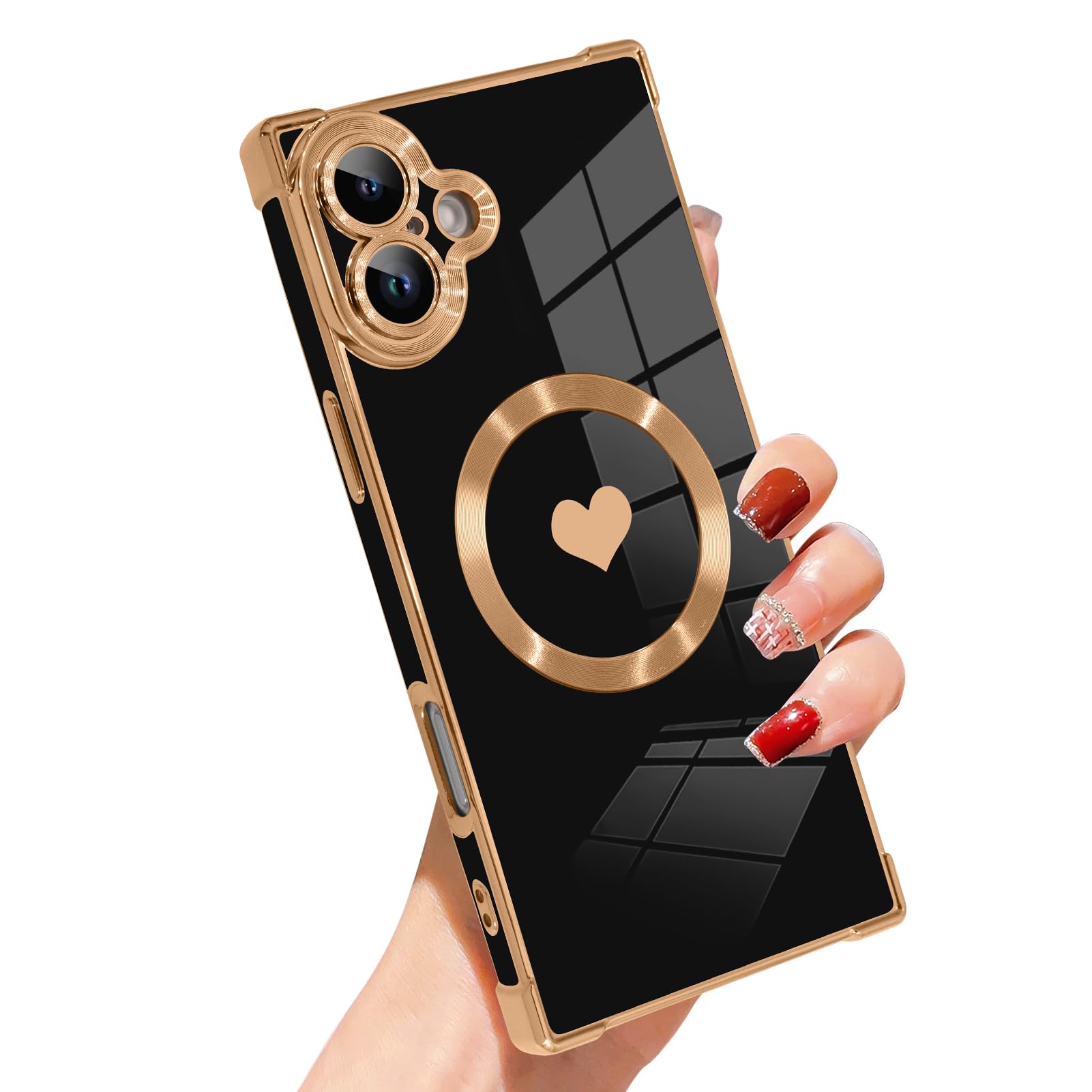 SAKUULO Case for iPhone 16 Cute Plating Case[Compatible with Magsafe] for Women Girls Electroplated Heart Soft TPU Shockproof Camera Protection Bumper Cover for iPhone 16 6.1",Black