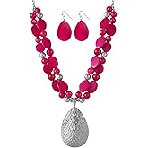 Gold/Silver 20''+3'' Teardrop Pendant Statement Necklace for women Trendy Colorful Crystal Shell Beaded Gemstone Necklaces and Earrings Set Womens Layered Boho Chunky Necklaces and Dainty Teardrop Earrings Jewelry Gifts