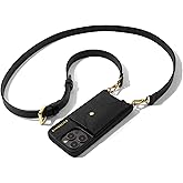 Bandolier Hailey Crossbody Wallet Phone Case for iPhone 16 Pro Max. 100% Genuine Pebble Leather with Gold Hardware. Adjustable & Removable Strap. Expandable Flip Card Holder. Black with Gold