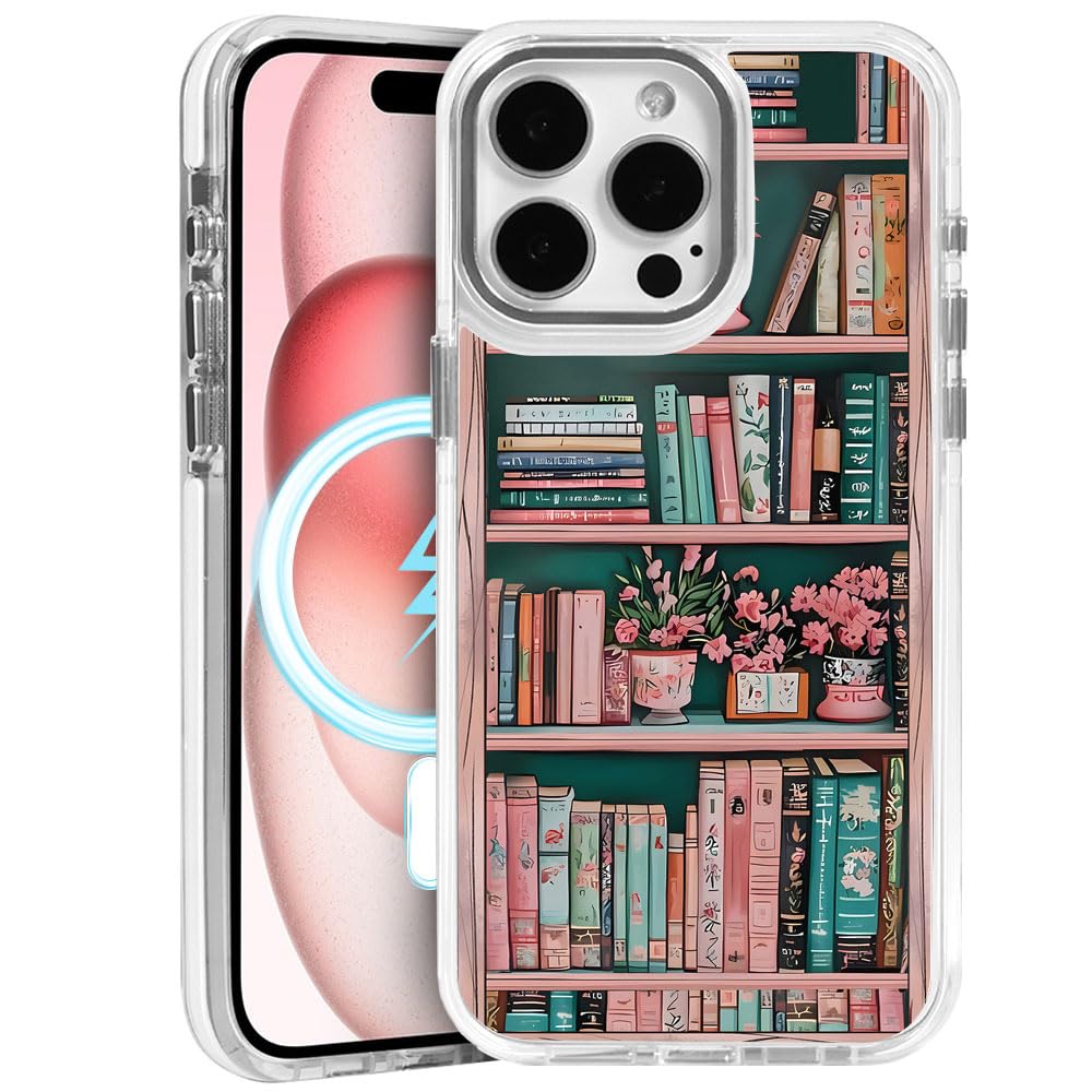 TnXee Case for iPhone 13 Pro Max,Compatible with MagSafe,Classic Clear Shockproof Protection Magnetic Phone Case - Floral Bookshelf Retro Pink