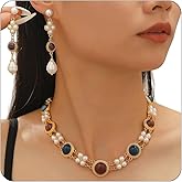 vdwv Vintage Jewelry Set for Women Golden Geometry Round Choker Necklaces and Elegance Pearl Long Drop Dangle Earrings Retro Imitation Pearl Colourful Collarbone Chain Medieval Court-Style Jewelry