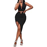 Adogirl Women Two Piece Skirt Outfits Sexy Halter V Neck Backless Crop Top Bodycon Irregular Skirt Set Night Out Dresses