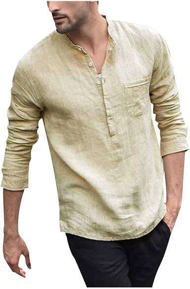 Men S Cotton Linen Button Down Henley Shirt Long Sleeve Hippie Casual Business Regular Fit Tops White At Amazon Men S Clothing Store