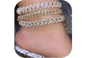 Jacruces 14K Gold Plated Ankle Bracelets for Women Cuban Link Anklets Plus Size Silver Ankle Bracelet Layered Link Anklet Set Rhinestone Bling Anklets Silver Jewelry for Women Gift Set
