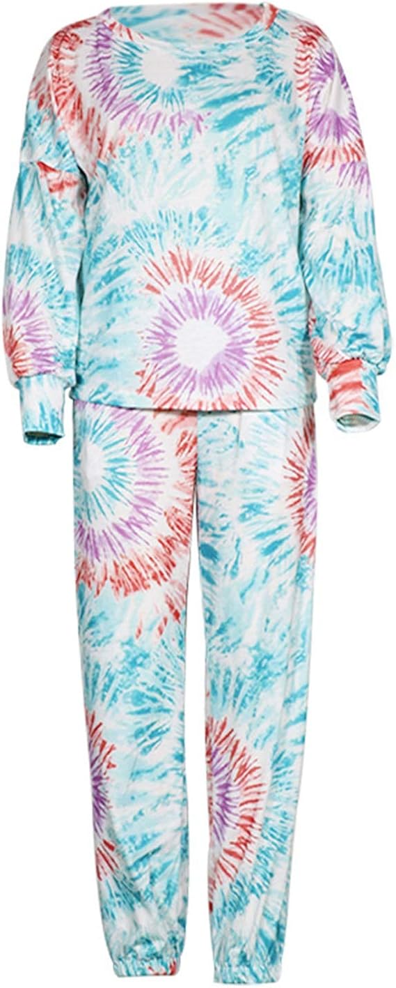 Amazon Timagebreze 絞り染めプリント女性のトップスとカジュアルボトムス2ピース女性用秋の女性の長袖ズボン2ピースセット S パンツスーツ 通販