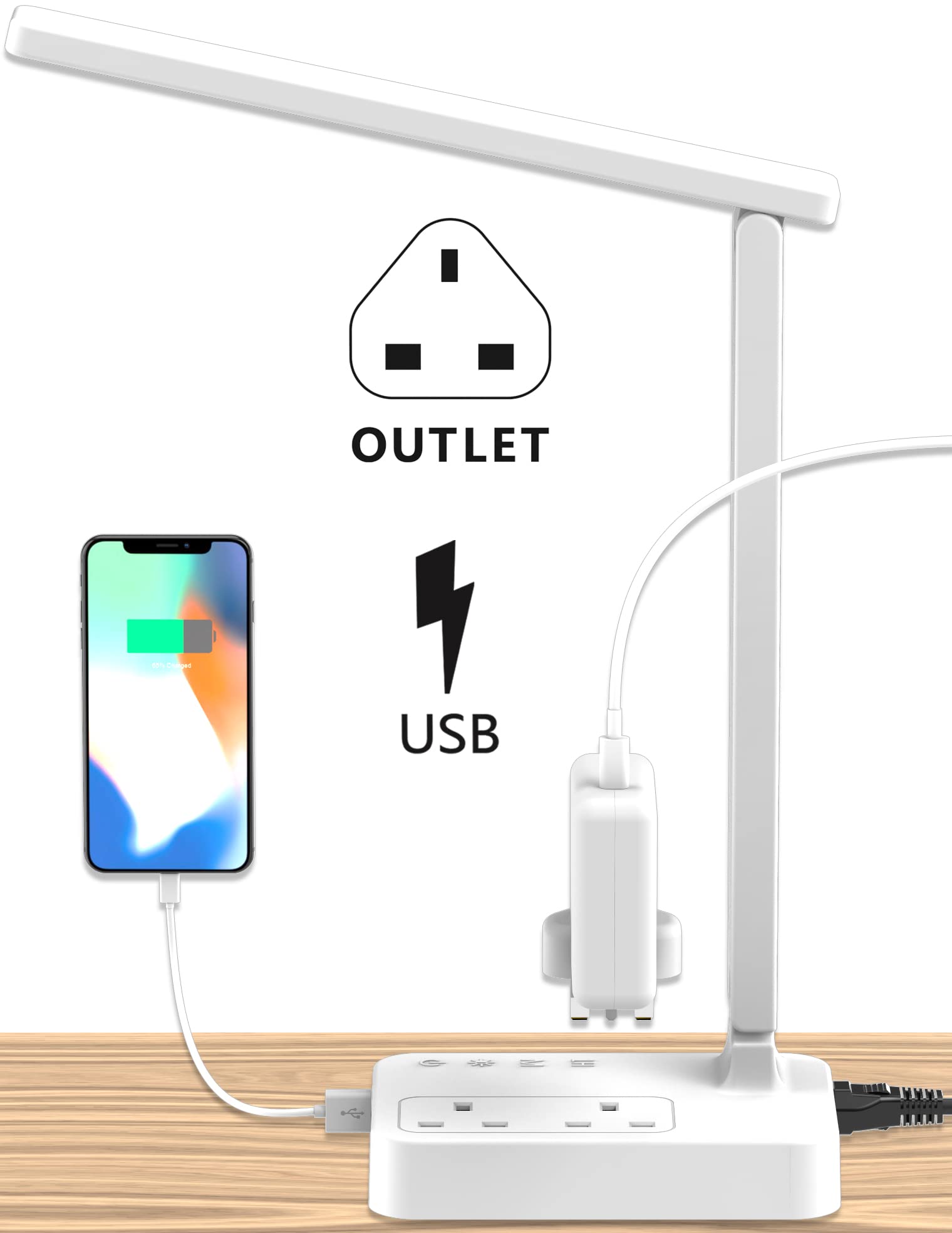 Drevet LED Desk Lamp, Desk Light with 1 USB Charging Port and 2 Way Outlets, 3 Lighting Modes, 3 Level Brightness,1H Timer, Touch Control, Eye-Caring Home Office Bedside Table Lamp
