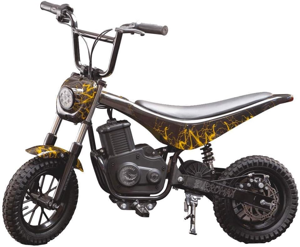 Burromax Yellow Lightening TT350R Electric Motorcycle Dirt Bike for Kids | Fast and Long Lasting 24V 350W Charge | Ride On Mini Pocket Bike 20036